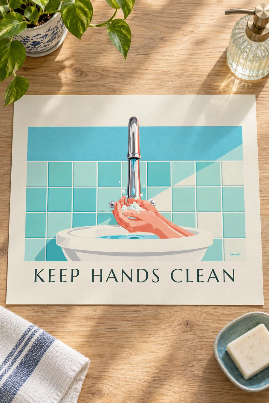 Affiche Keep hands clean pour le lavage des mains : posée sur une table