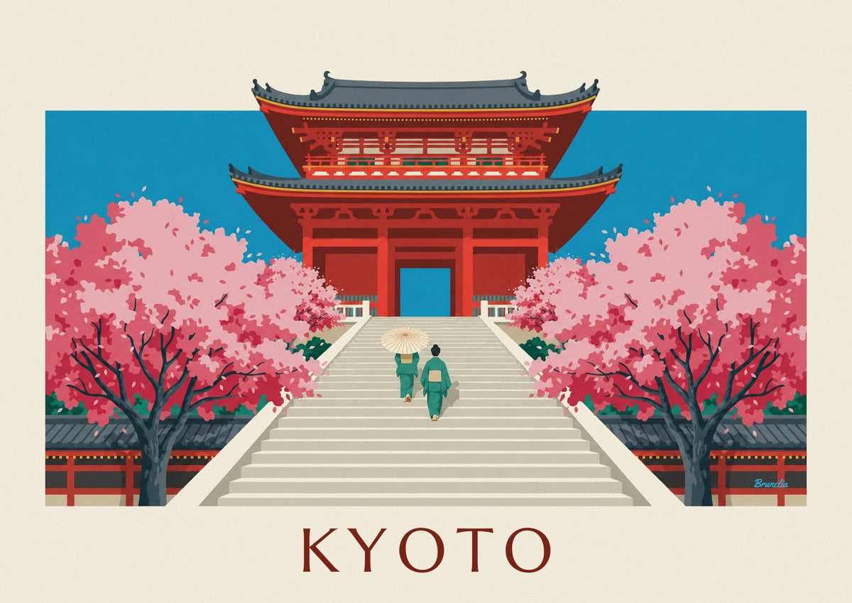 Vermilion Kiyomizu-dera gate and cherry blossoms in Kyoto poster