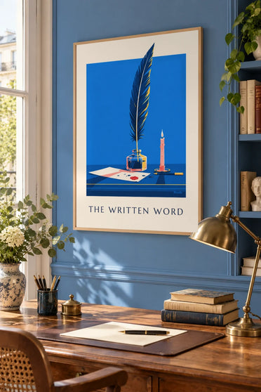 Poster penna e calamaio su una scrivania da scrittore: incorniciato alla parete