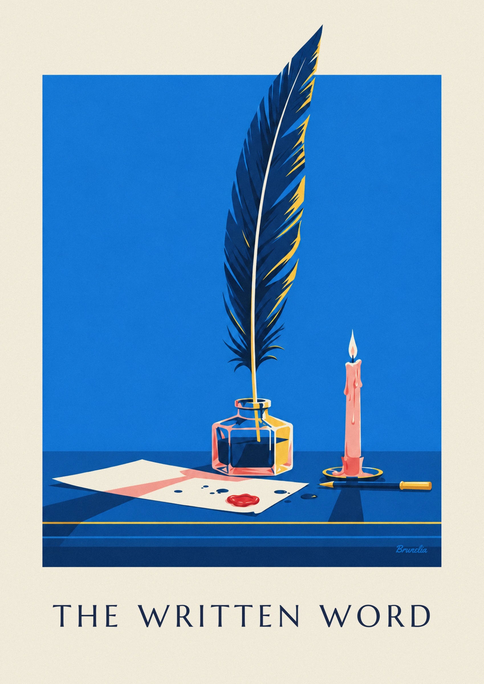 La plume bleu nuit aux reflets jaunes, sur son fond bleu franc