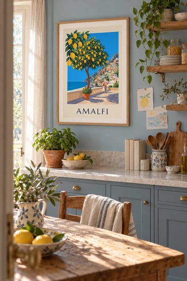 Affiche citrons et village de la côte amalfitaine : encadrée au mur