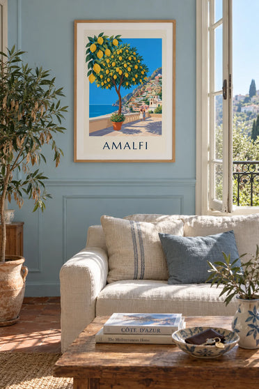 Poster of lemons and an Amalfi Coast village: framed on the wall