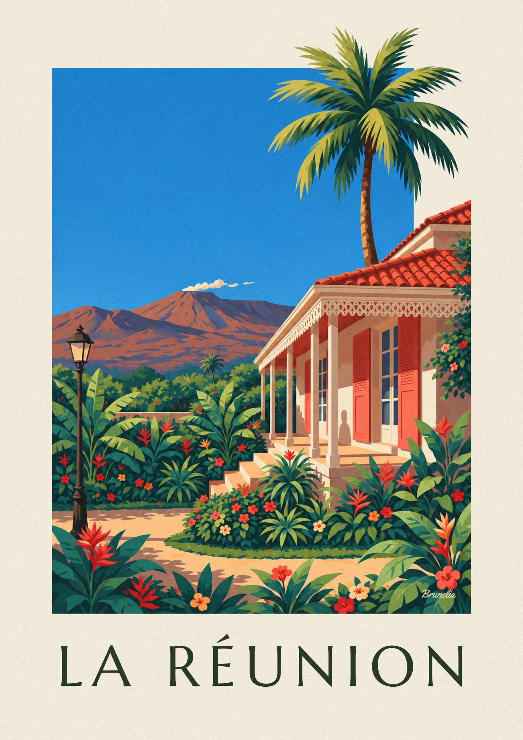 Poster casa creola e Piton de la Fournaise a La Réunion: dettaglio in primo piano