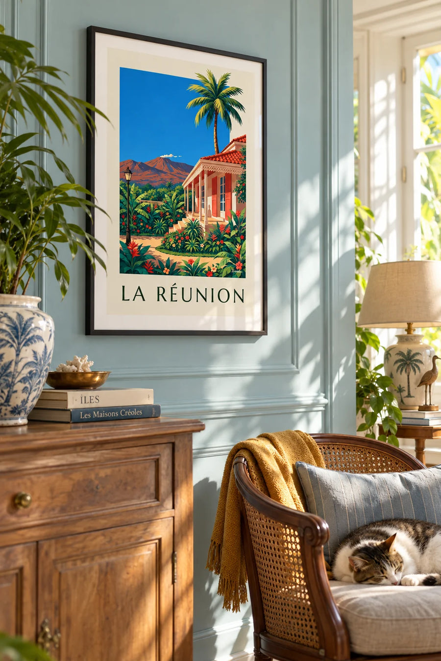 Poster di casa creola e Piton de la Fournaise a La Réunion: incorniciato alla parete