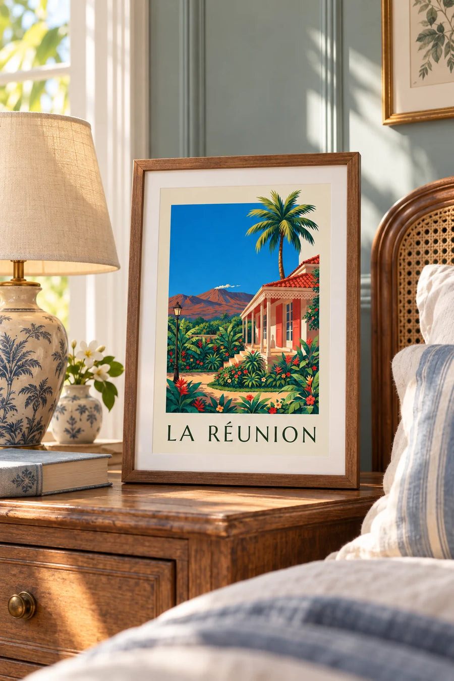 Poster di casa creola e Piton de la Fournaise a La Réunion: formato piccolo A4 incorniciato