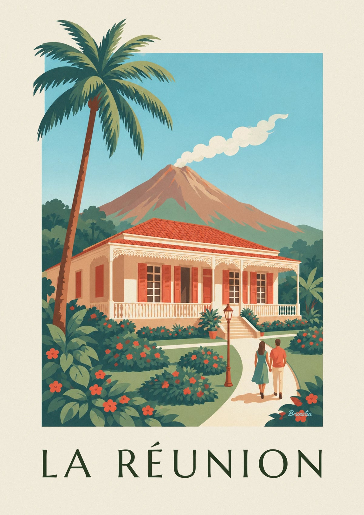 Affiche case créole et Piton de la Fournaise à La Réunion