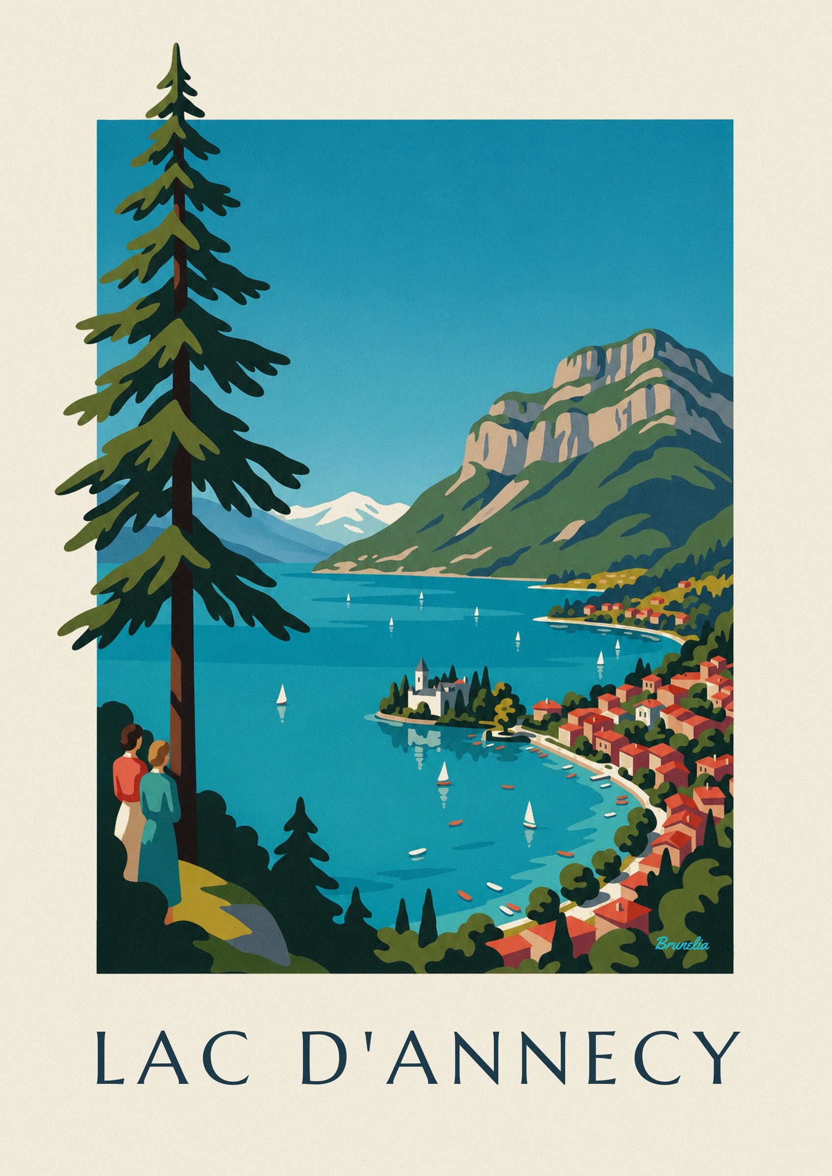 Poster lago di Annecy nelle Alpi, barche a vela e Tournette: dettaglio in primo piano