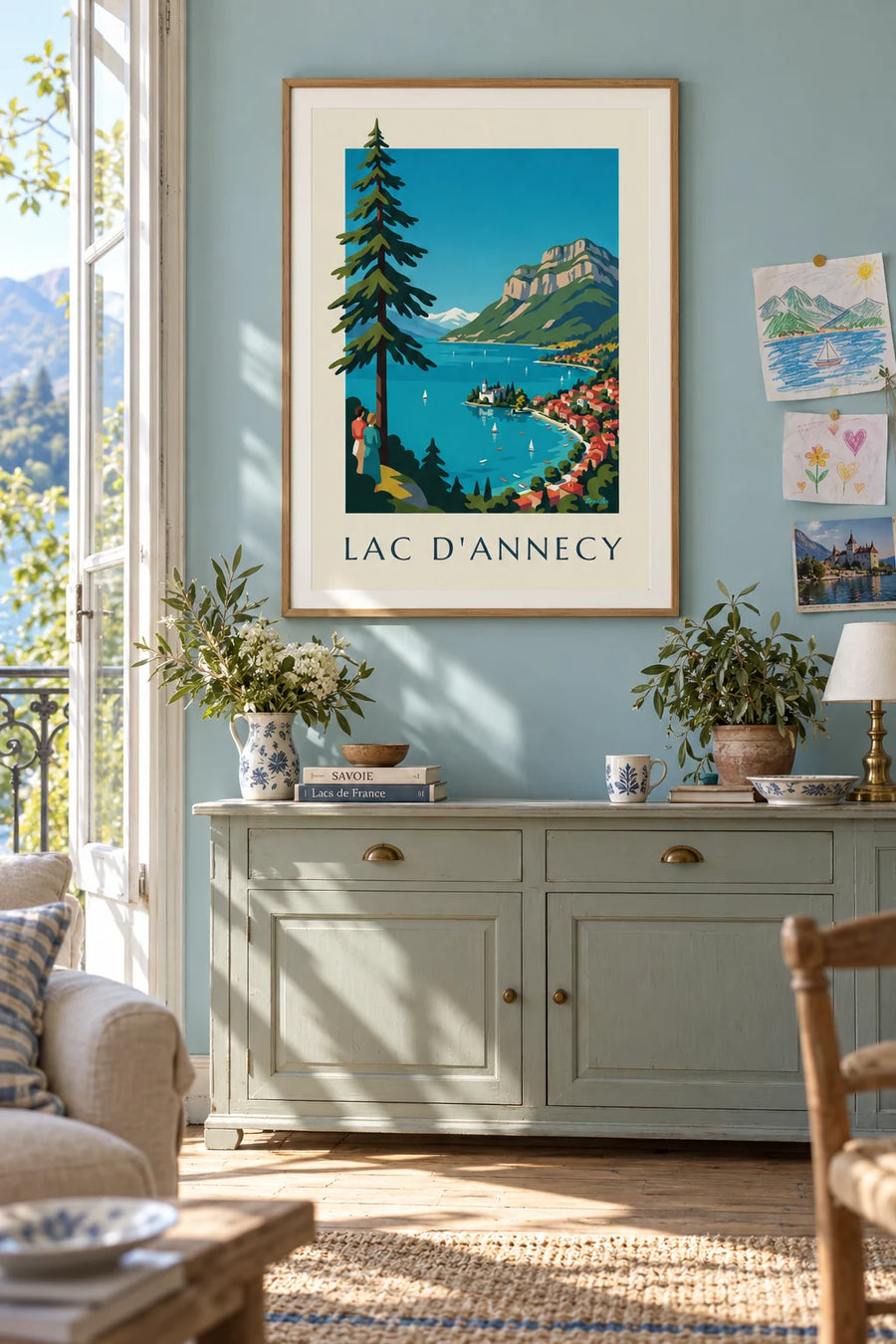 Poster con il lago di Annecy nelle Alpi, barche a vela e Tournette: incorniciato alla parete
