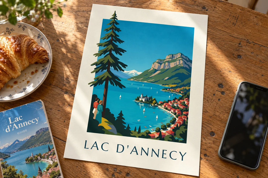 Poster con il lago di Annecy nelle Alpi, barche a vela e Tournette: appoggiato su un tavolo