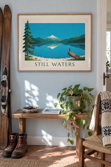 Poster of a mountain lake, fir forests and a wooden pier: framed on the wall