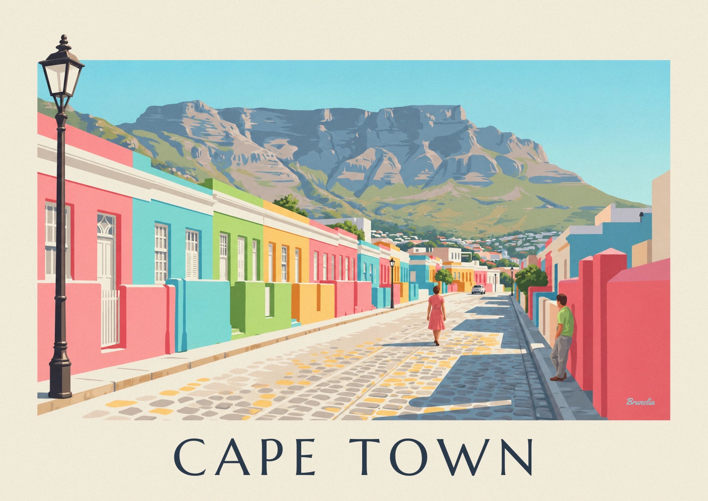 Les façades turquoise, verte et jaune du Bo-Kaap au pied de la montagne