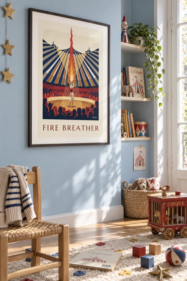Poster sputafuoco sotto il tendone del circo: incorniciato alla parete