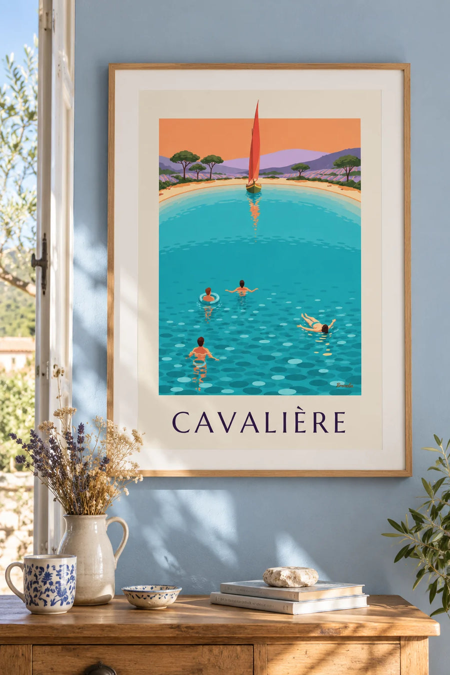 Poster della spiaggia e dei pini di Cavalière a Le Lavandou al tramonto: incorniciato alla parete