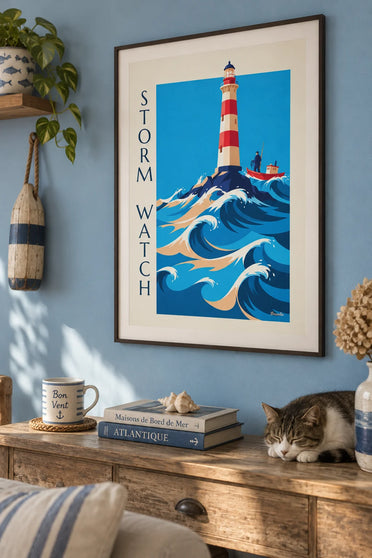 Poster faro dei marinai tra le onde della tempesta: incorniciato alla parete