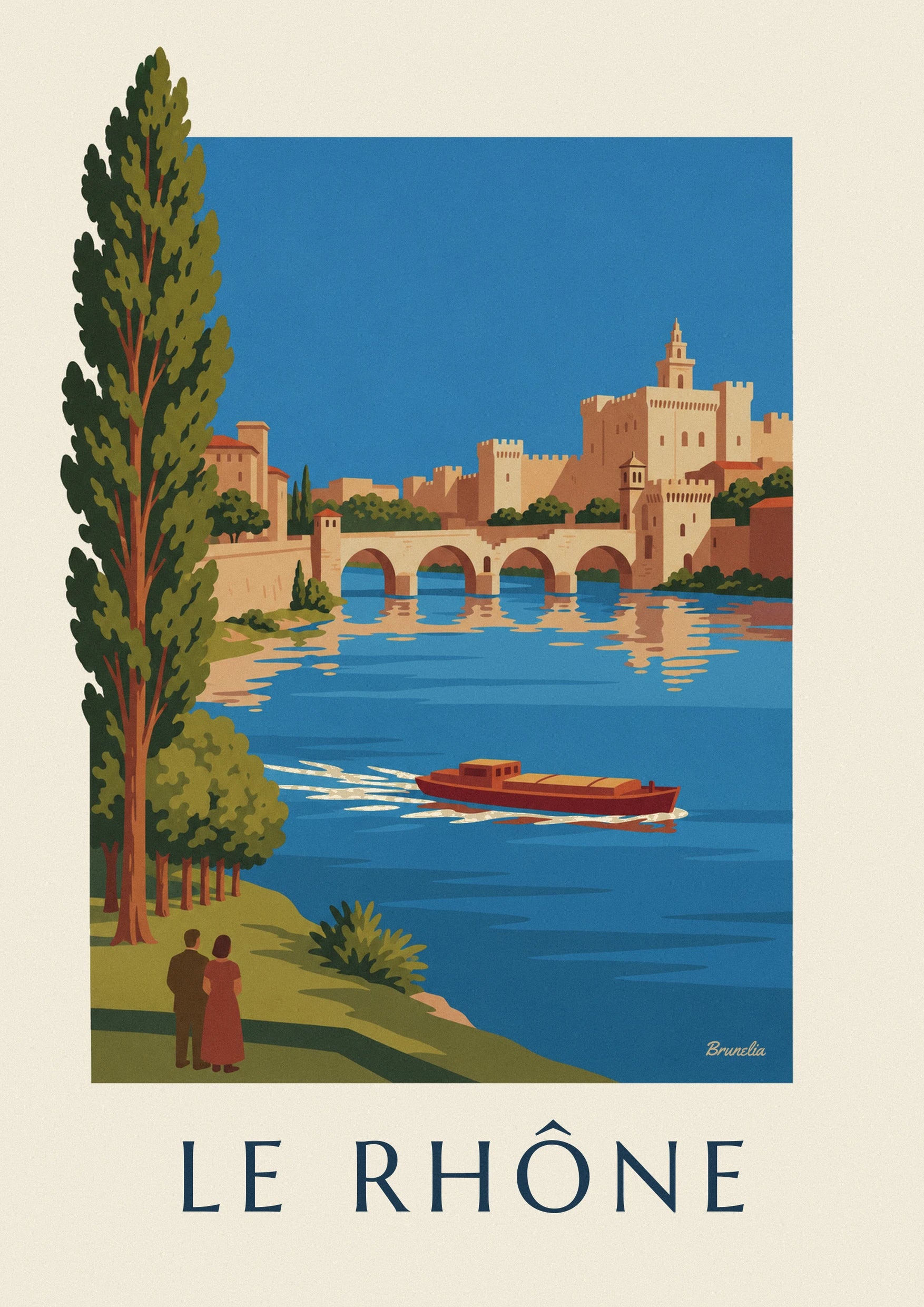 Poster chiatta sul Rodano davanti al ponte di Avignone: dettaglio in primo piano