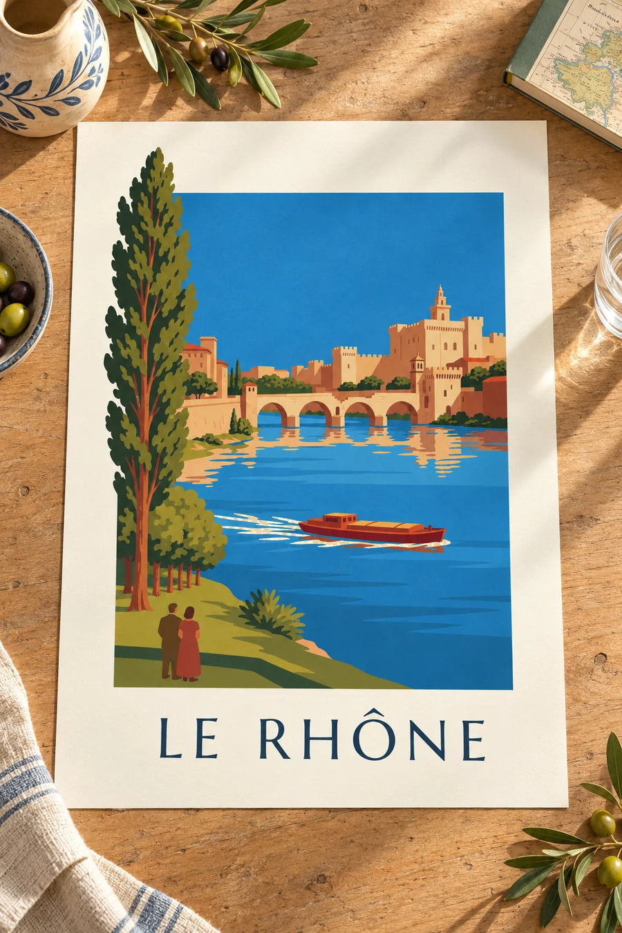 Affiche péniche sur le Rhône devant le pont d'Avignon : posée sur une table