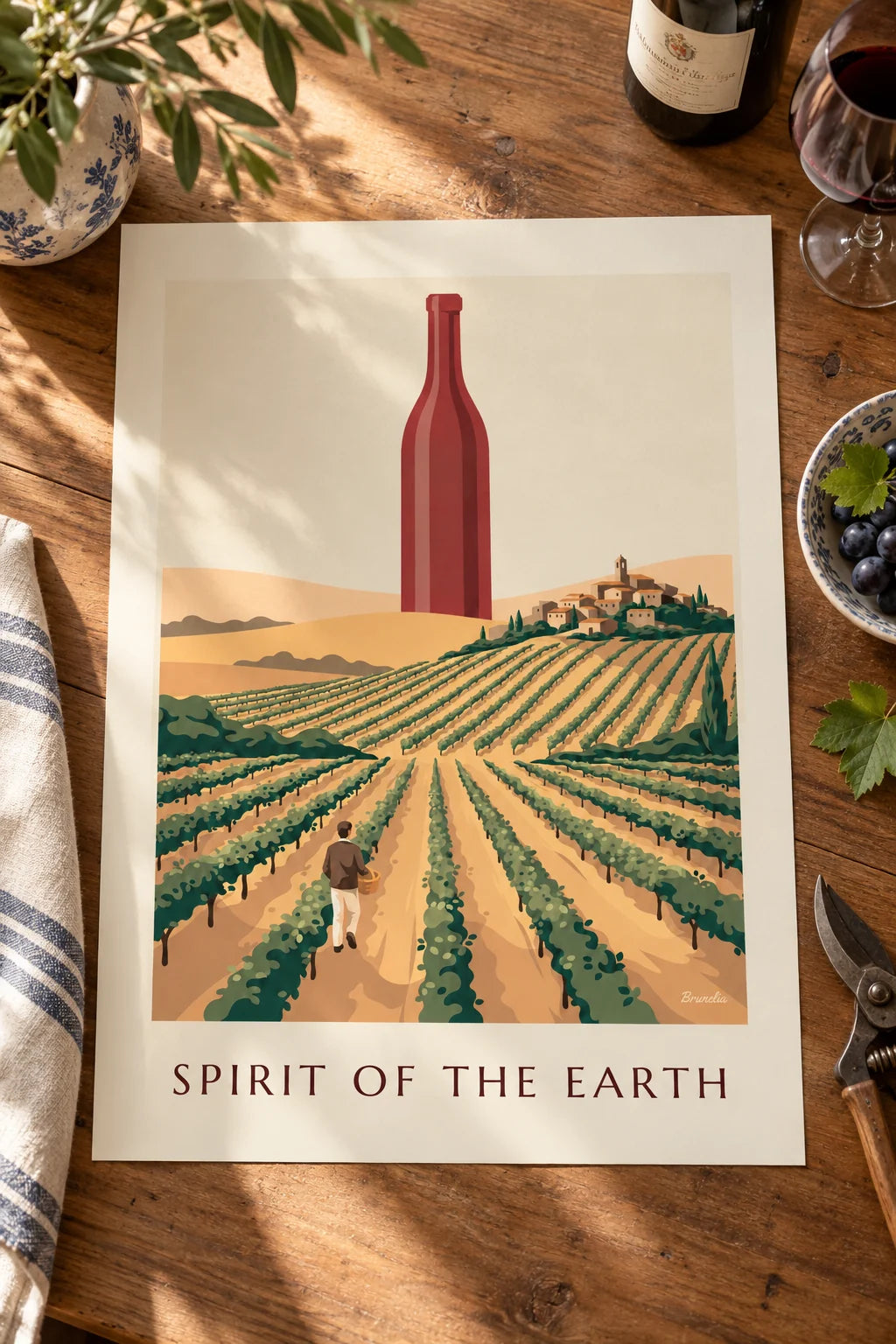 Kitchen: Red wine bottle among countryside vines poster on the wall