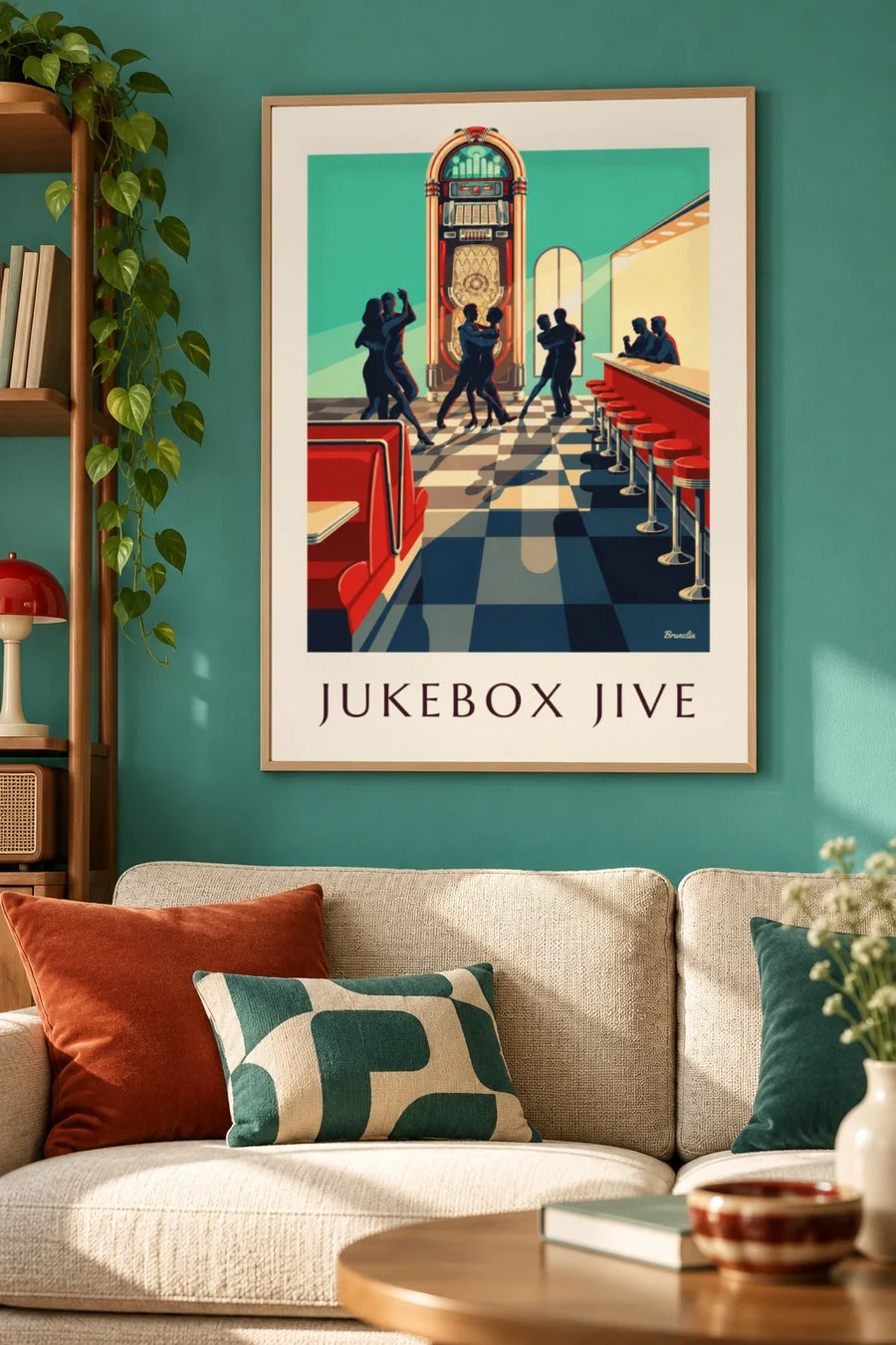 Poster con jukebox e sagome di ballerini di rock: incorniciato alla parete