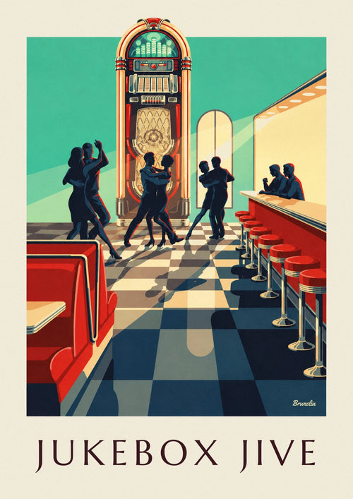 Poster con jukebox e sagome di ballerini di rock: il poster intero
