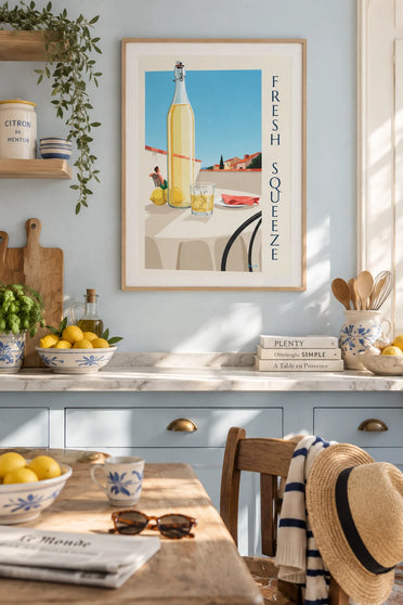 Poster of an artisanal lemonade bottle on a sunny terrace: framed on the wall