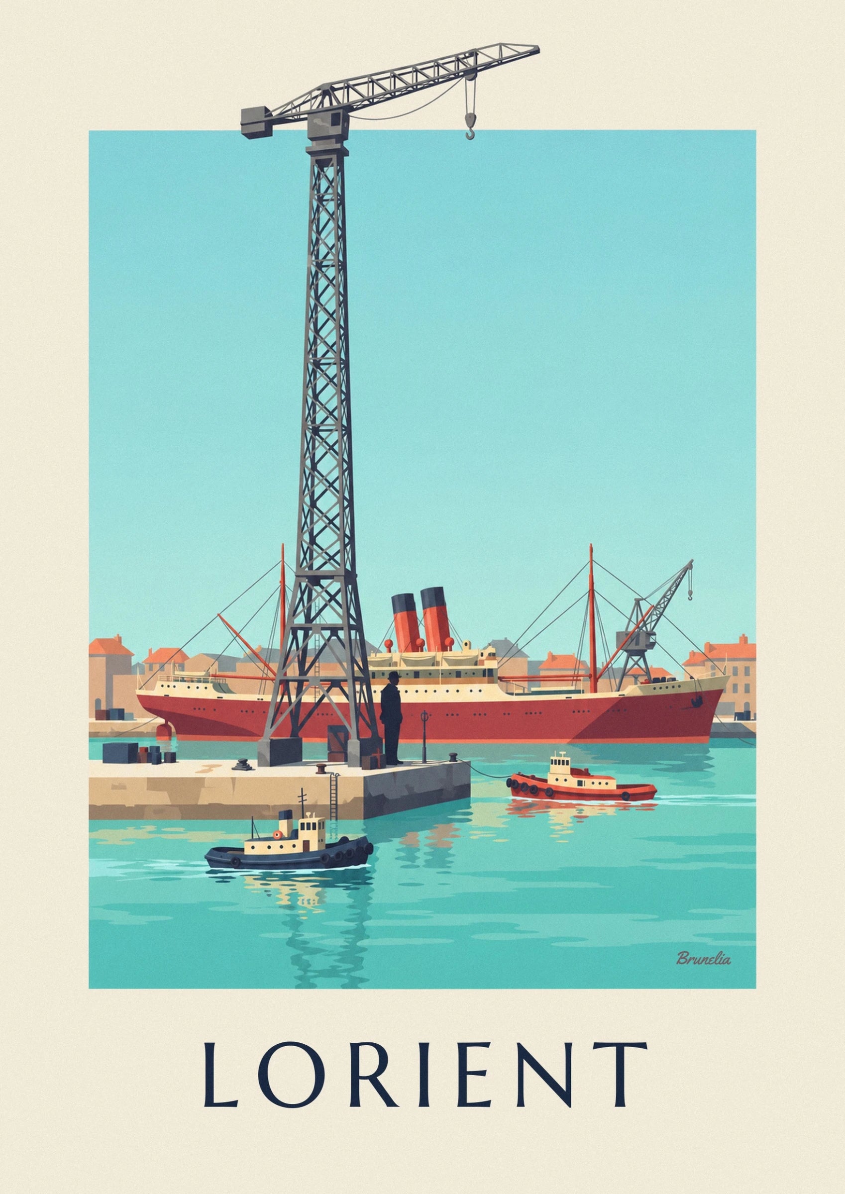 A man on the quay, tugboats and a red ship with 2 funnels