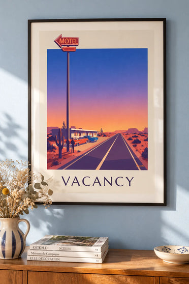 Poster insegna al neon di un motel sul bordo di una strada del deserto: incorniciato a parete