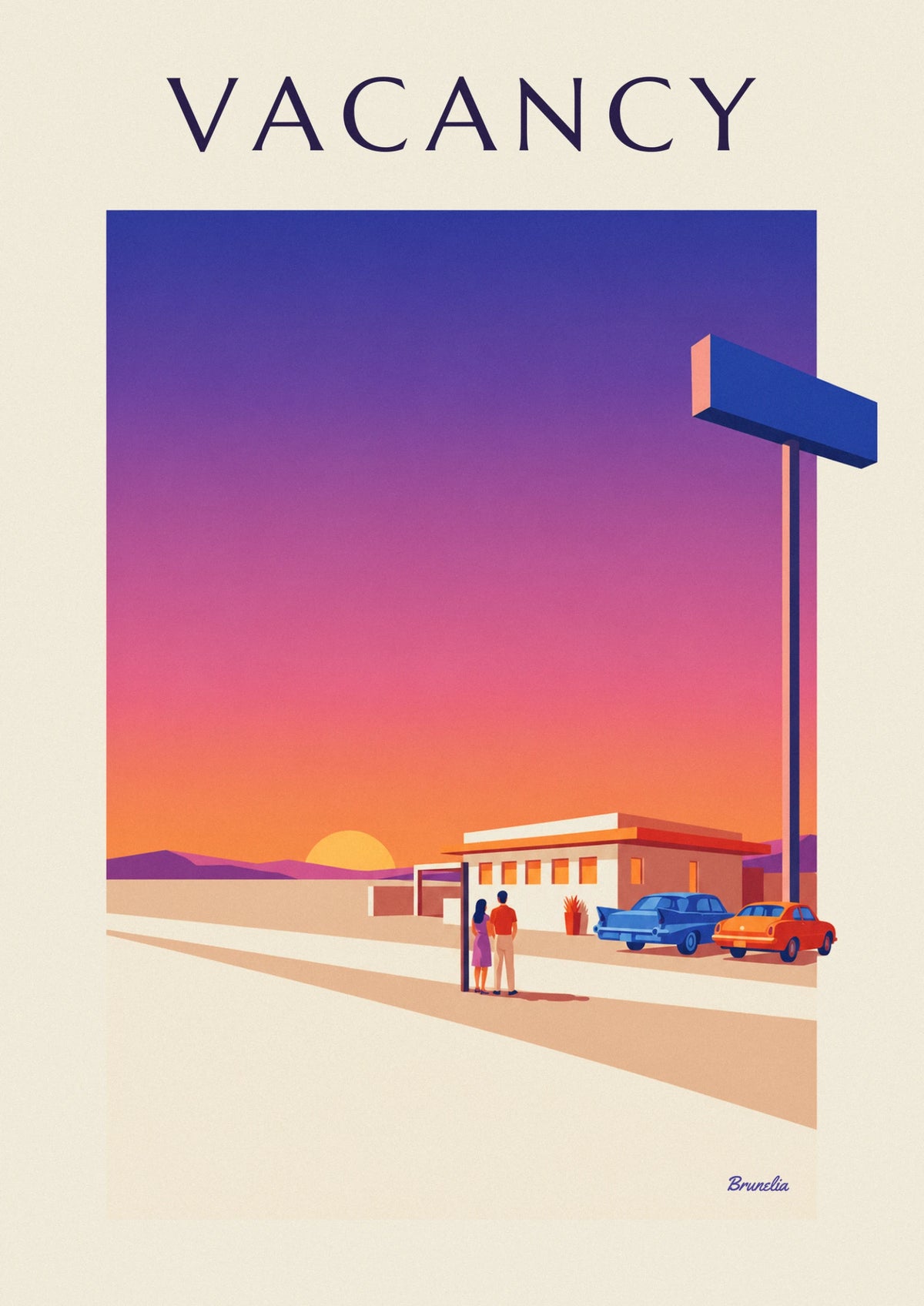 Affiche enseigne néon d'un motel au bord d'une route du désert