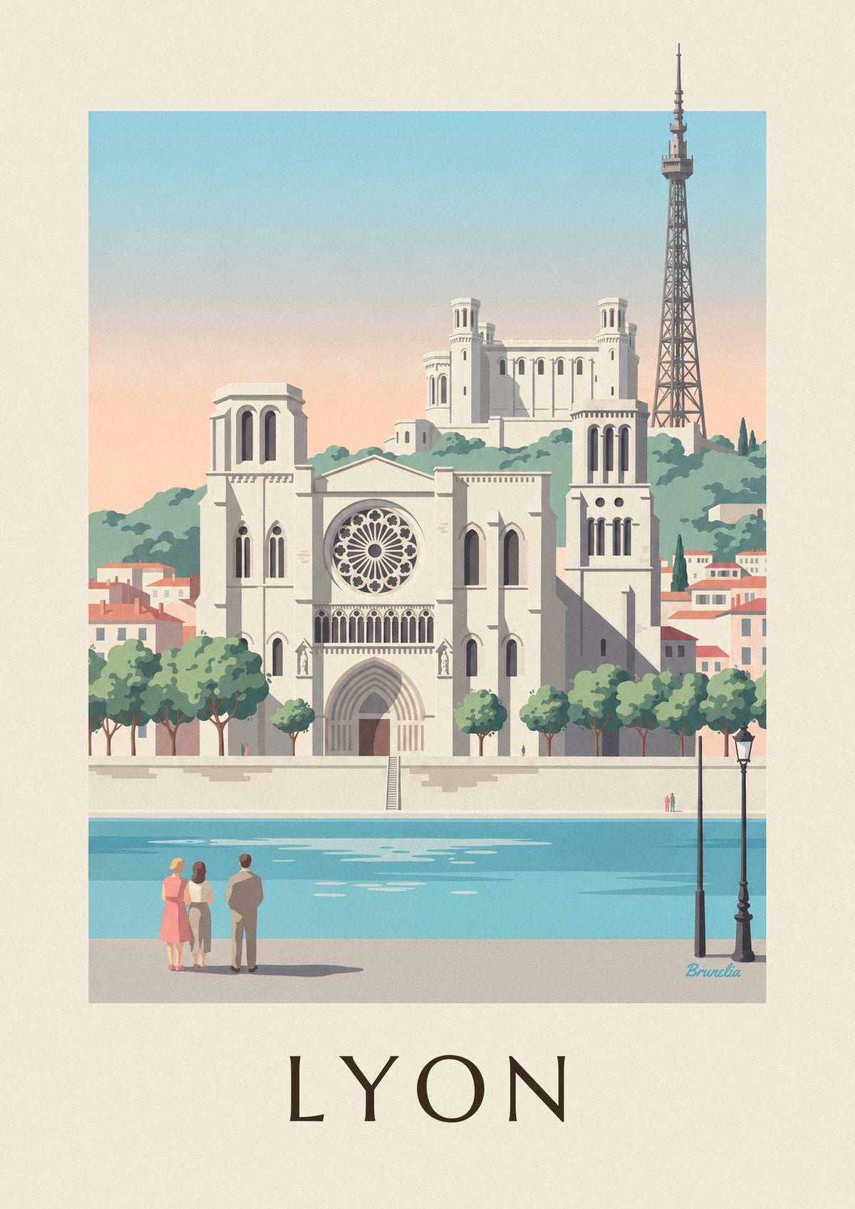 Poster cattedrale di Saint-Jean e lungofiume della Saona a Lione