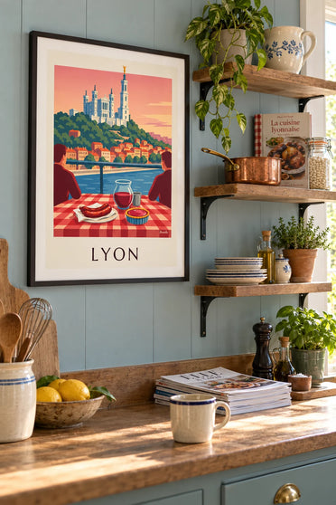 Poster bouchon lionese davanti alla Saona e a Fourvière: incorniciato alla parete