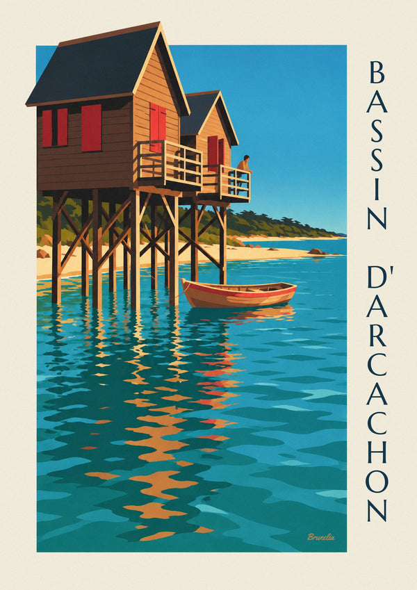 Poster capanne su palafitte del bacino di Arcachon al crepuscolo