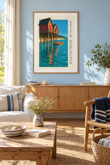 Poster capanne su palafitte del Bacino d'Arcachon al crepuscolo: incorniciato alla parete