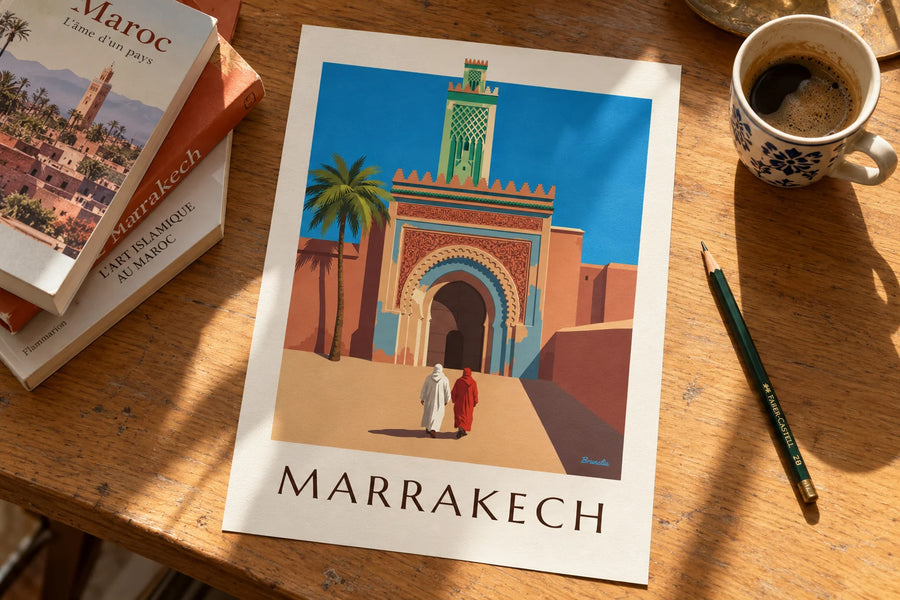 Poster porta Bab Agnaou e minareto a Marrakech: appoggiato su un tavolo