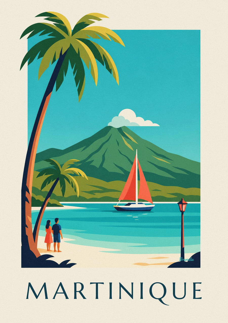 Poster veliero in una baia della Martinica e Montagne Pelée