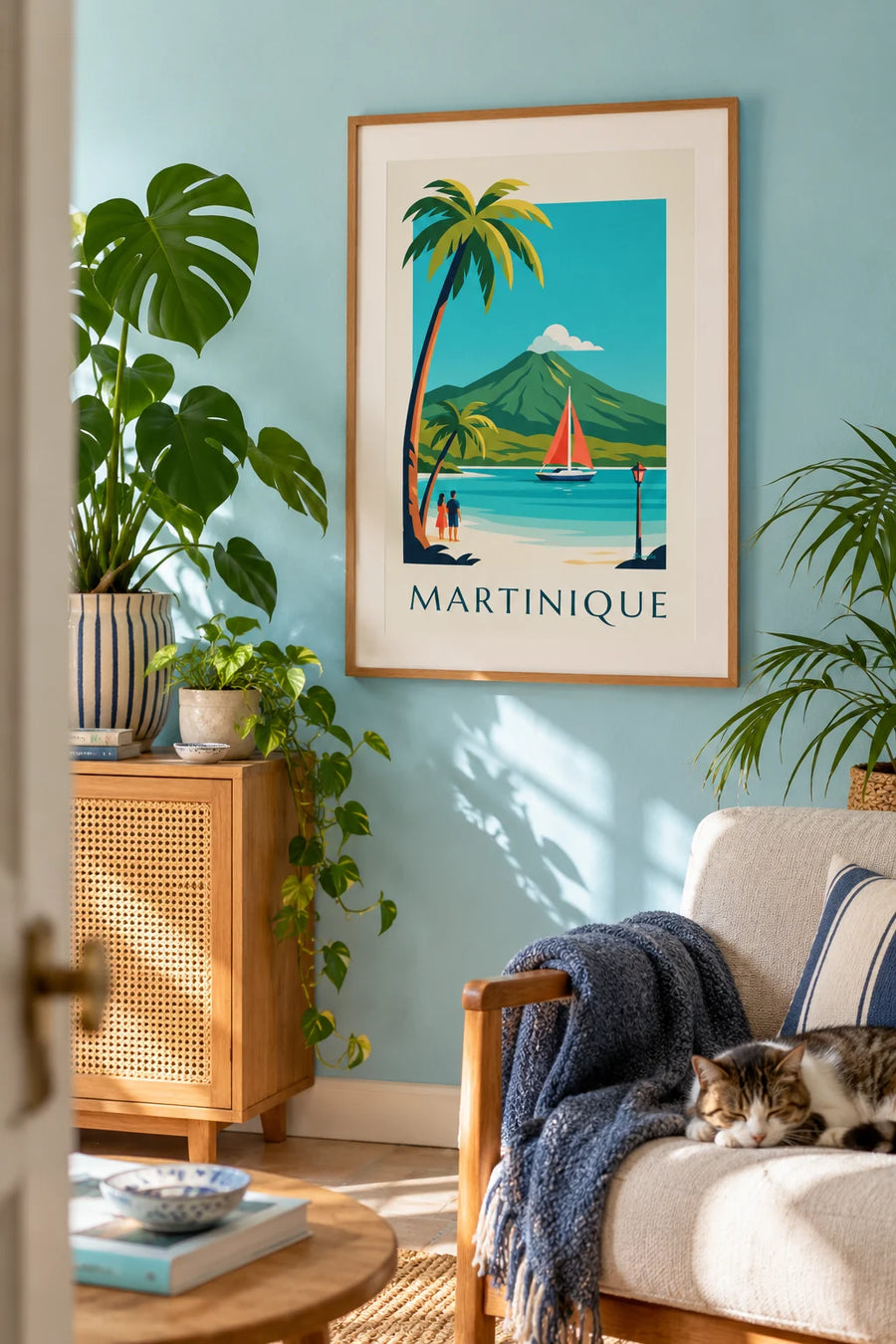 Poster con veliero in un'insenatura della Martinica e Montagne Pelée: incorniciato alla parete