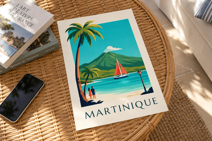 Poster con veliero in un'insenatura della Martinica e Montagne Pelée: appoggiato su un tavolo