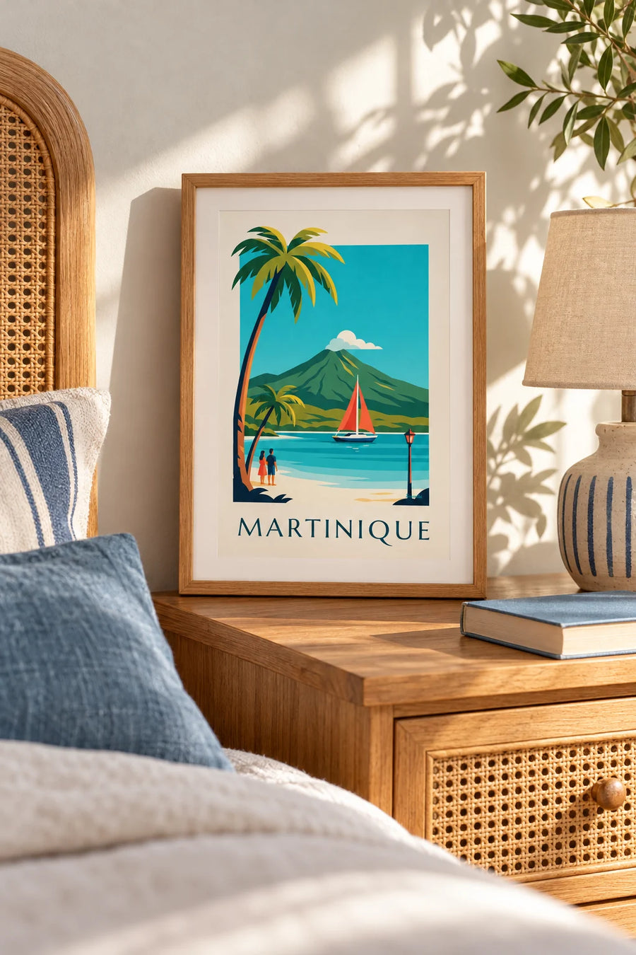 Poster veliero in una baia della Martinica e montagna Pelée: formato piccolo A4 con cornice