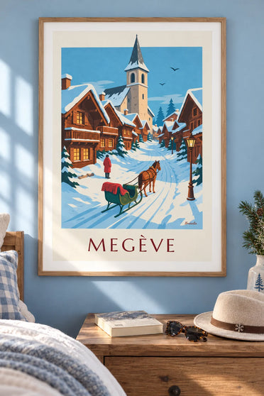 Poster slitta trainata da cavalli in una strada innevata di Megève: incorniciato a parete