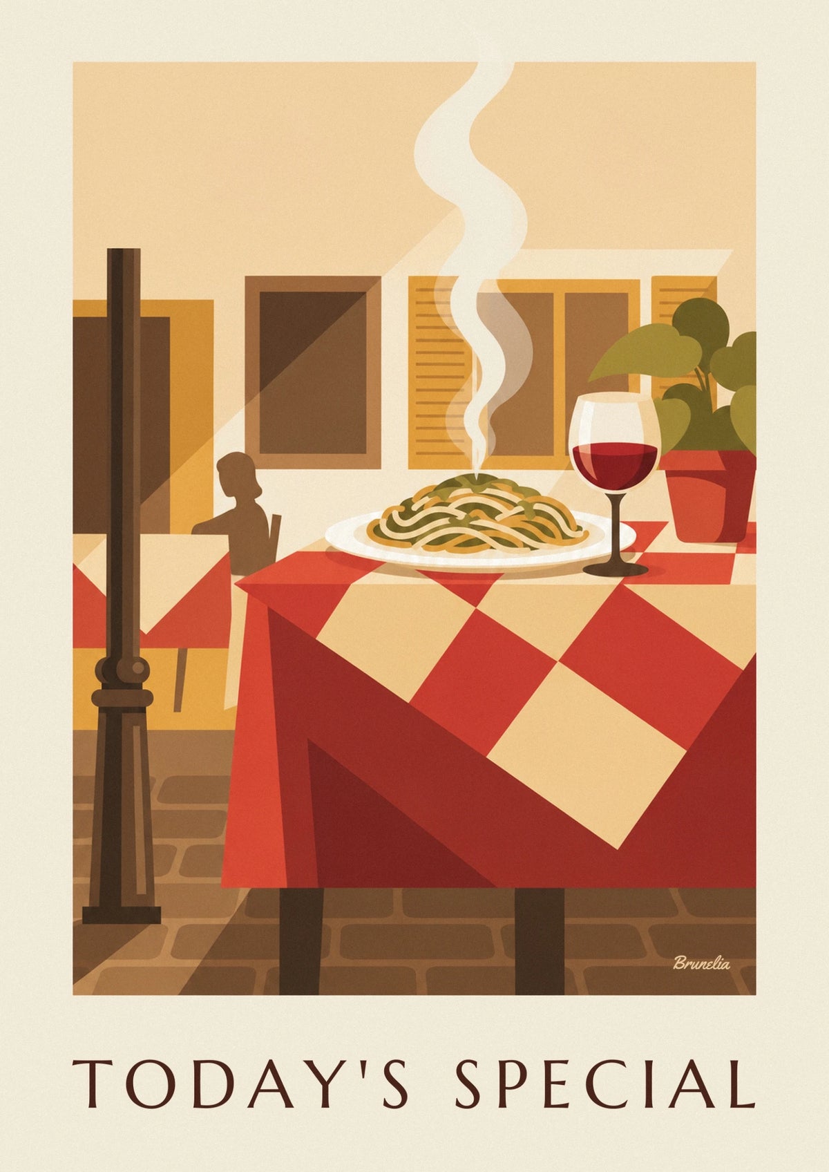Terrace table with spaghetti and red wine glass poster