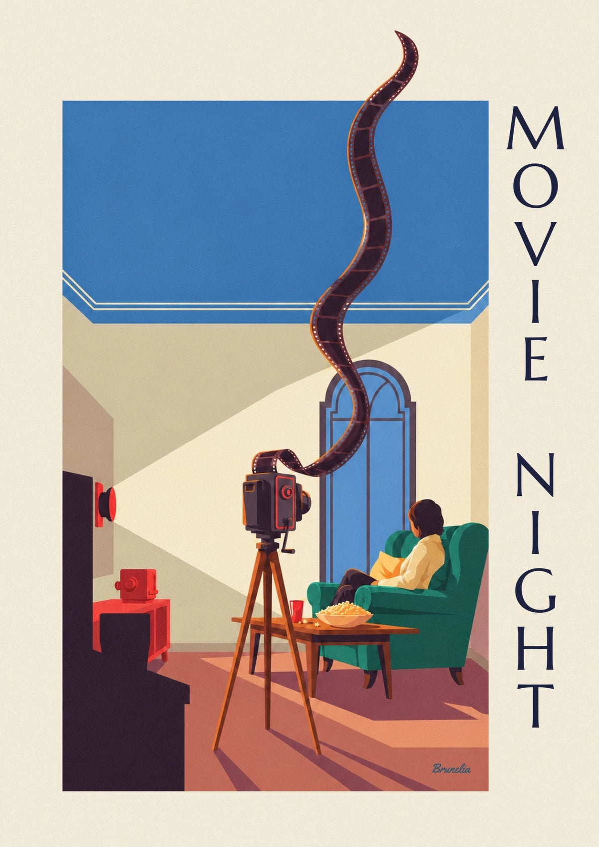 Movie night camera and unspooled film poster