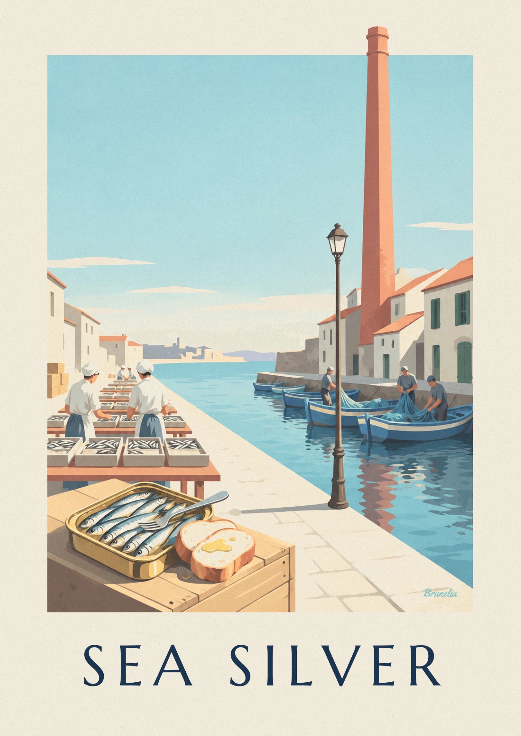 La cheminée de la conserverie en brique rose, un lampadaire et les toits de tuiles du port sous un ciel clair