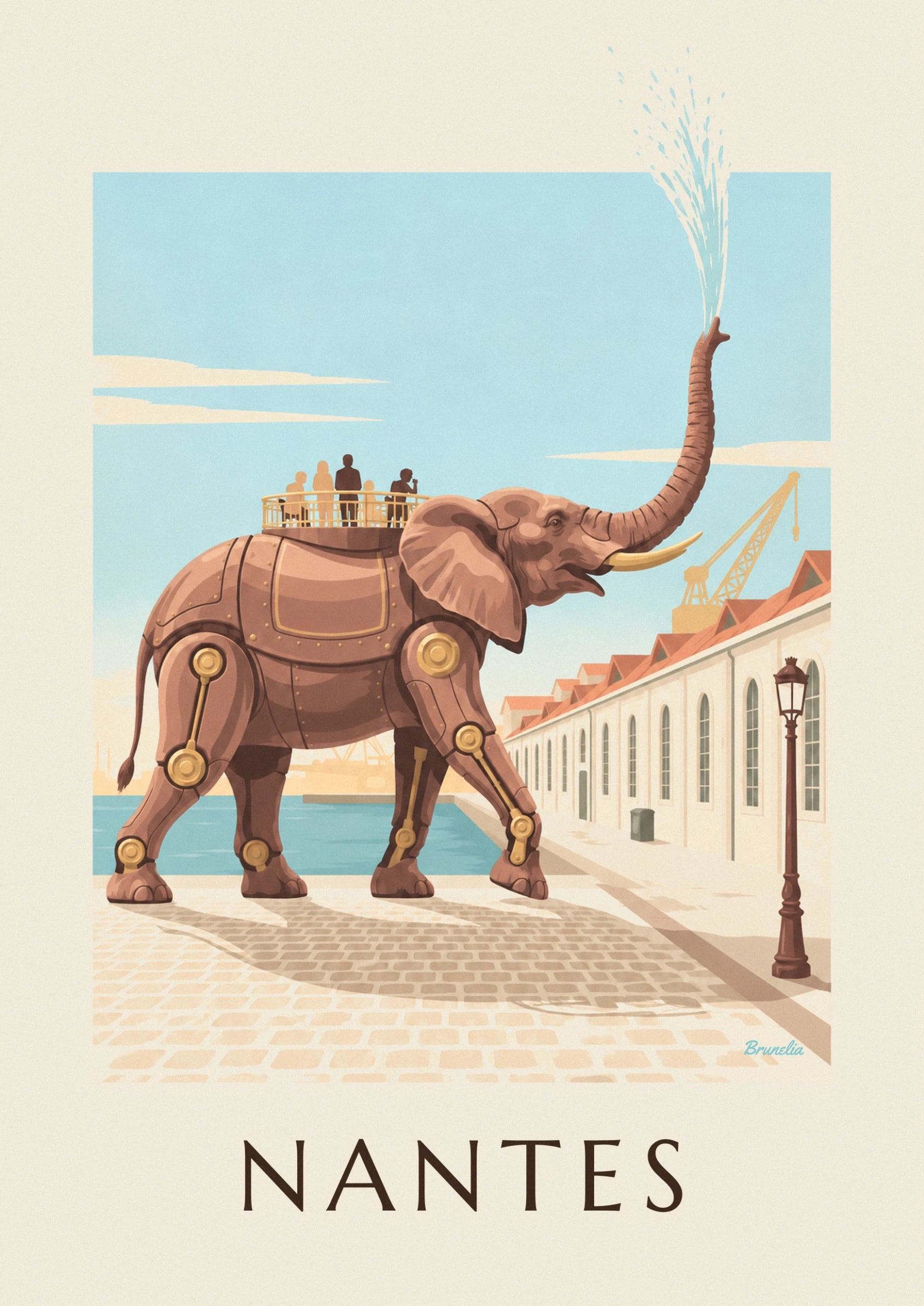 The large mechanical elephant’s head, with its raised trunk and golden tusks