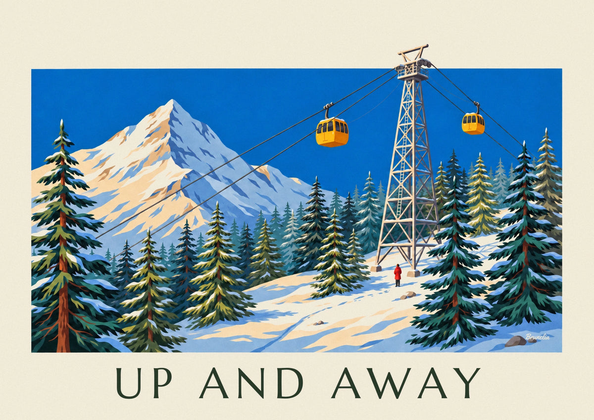 Yellow gondolas over snowy fir trees poster