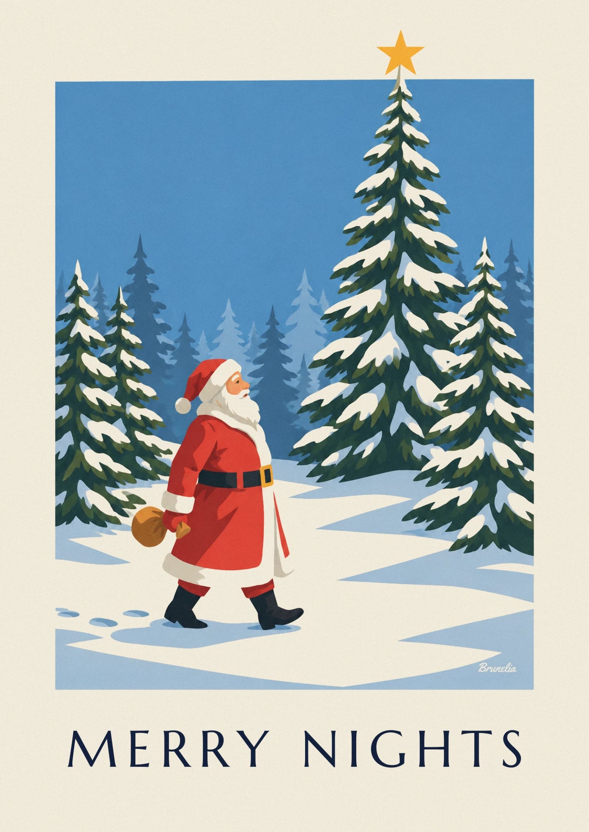 Affiche Père Noël dans une forêt de sapins enneigés sous l'étoile