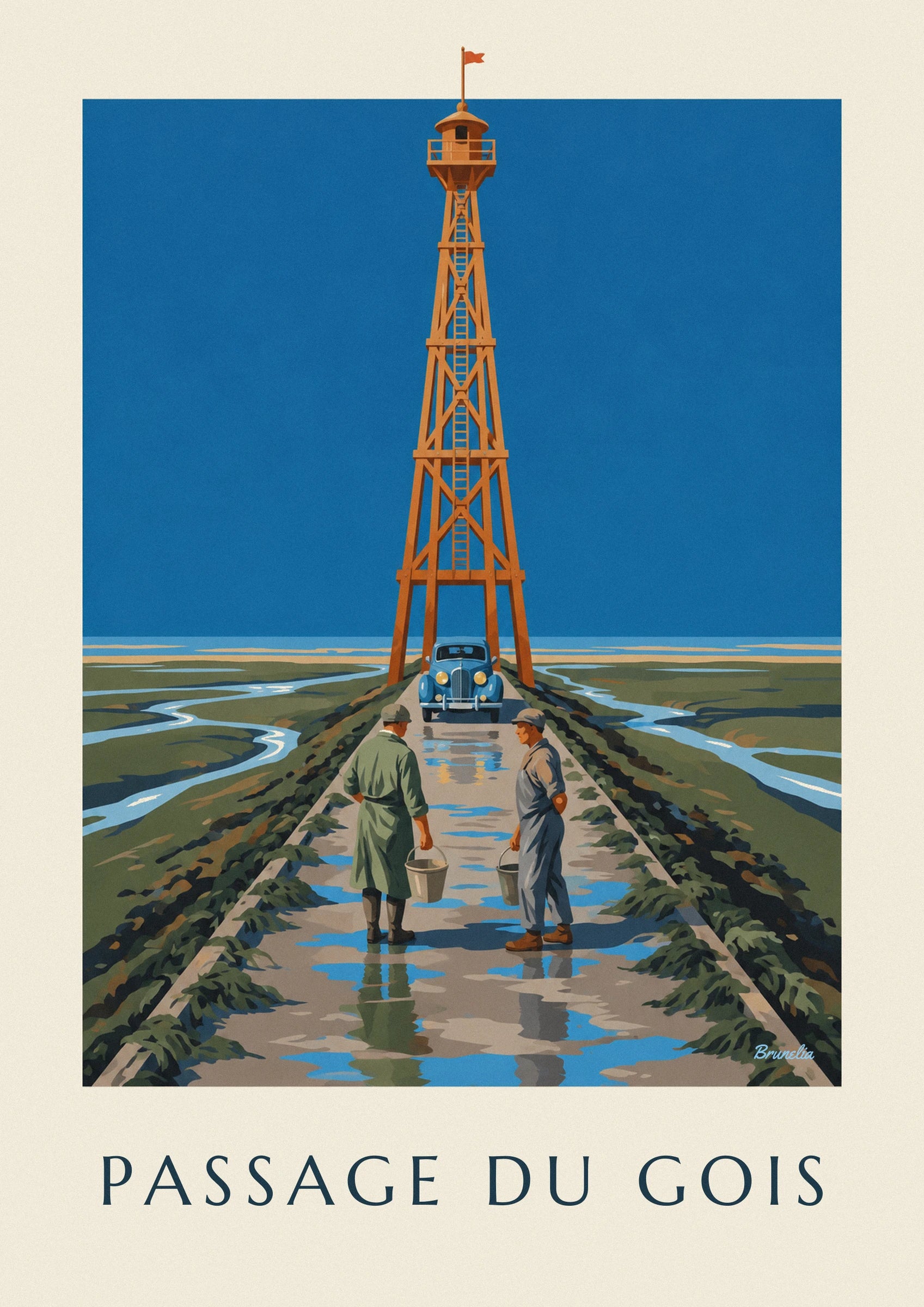 2 raccoglitori di frutti di mare con i secchi in mano, di fronte a un'auto blu sul passaggio allagato