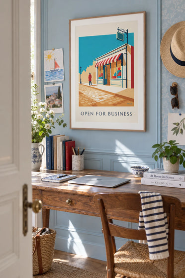 Poster facciata di un alimentari di quartiere «Open for business»: incorniciato alla parete