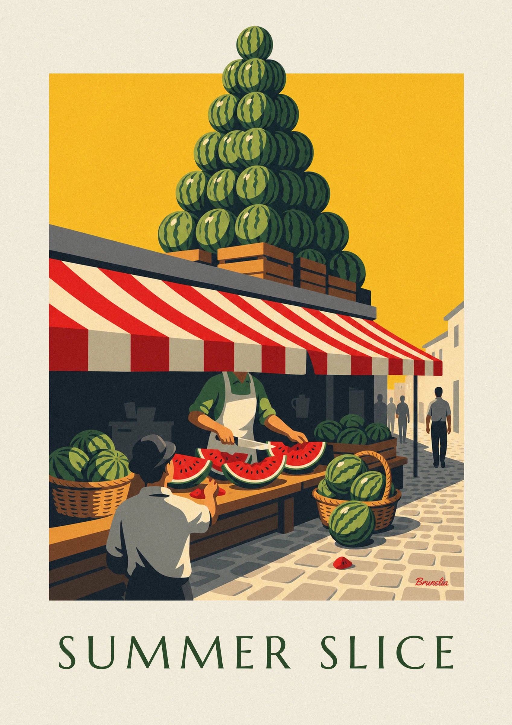 La pyramide de pastèques vertes striées sur le fond jaune du marché