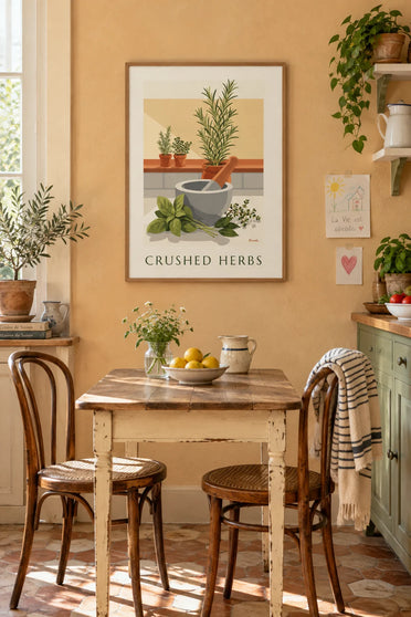 Mortar, pestle and fresh herbs poster: framed on the wall