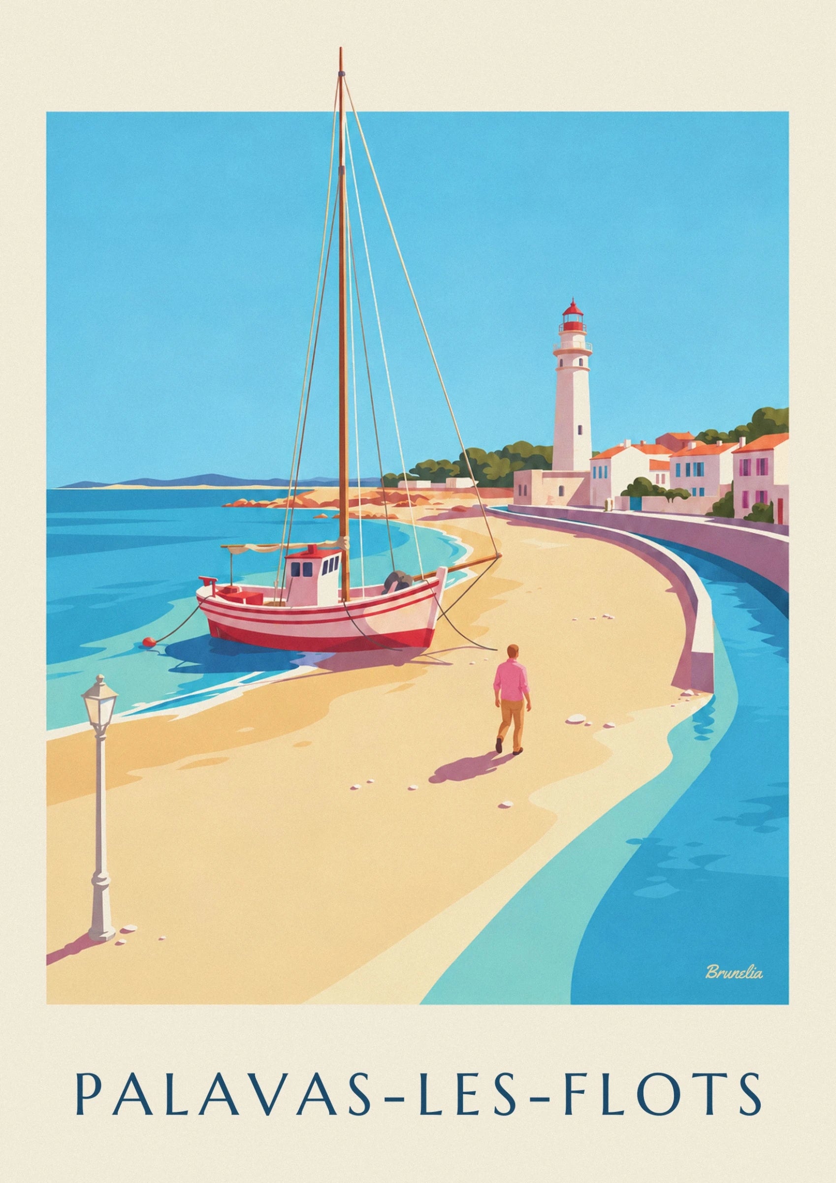 Le phare blanc à lanterne rouge et les maisons aux toits orangés de Palavas-les-Flots