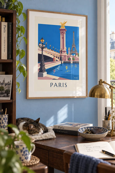Affiche pont Alexandre-III sur la Seine et tour Eiffel : encadrée au mur