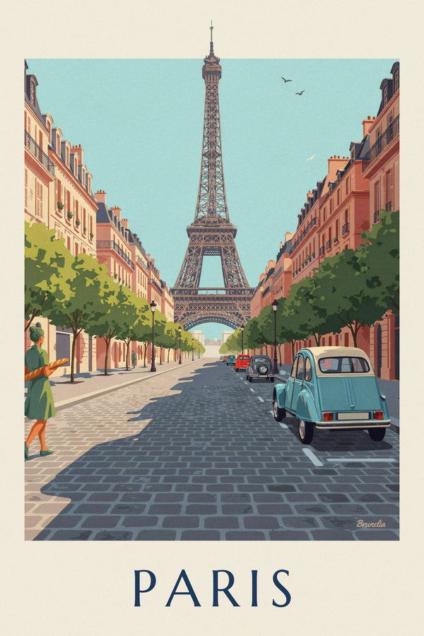 Blue Citroën 2CV and Eiffel Tower cobbled street poster
